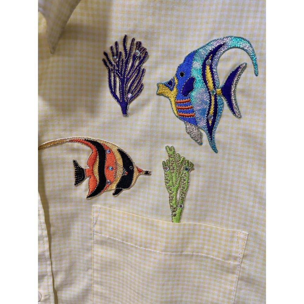 Tia Designs Pompano Beach Vintage Yellow Gingham Sea Life Appliques Small Blouse - Picture 4 of 13